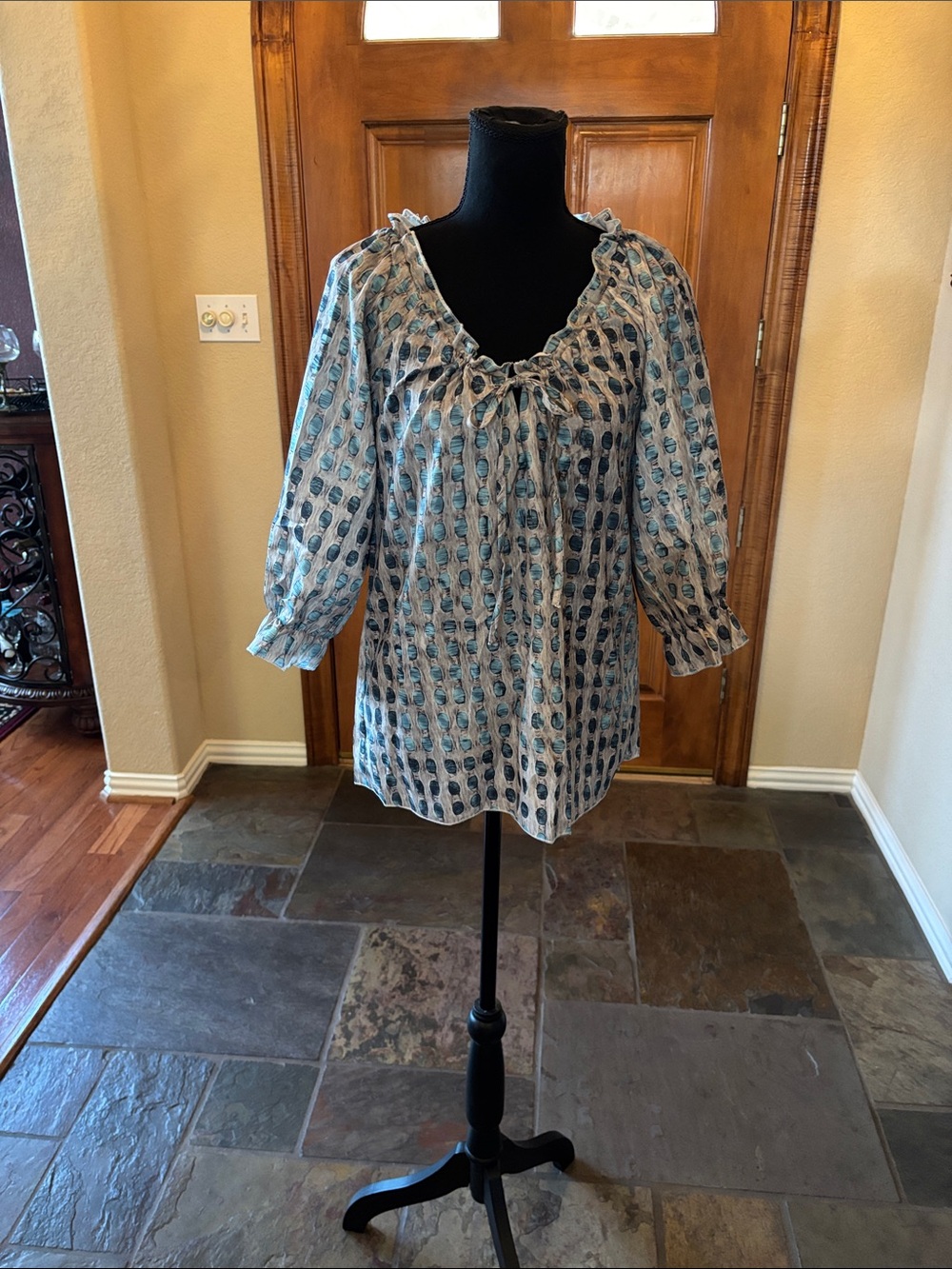 Source Unknown Blue Printed Peasant Blouse